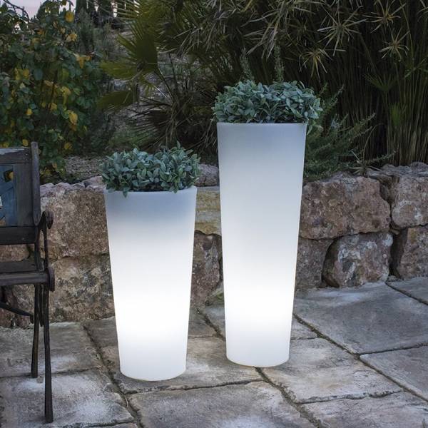 Pot de fleur lumineux exterieur solaire ou rechargeable cylindre haut blanc FICUS 60 LED RGBW 9L IP65 sans fil