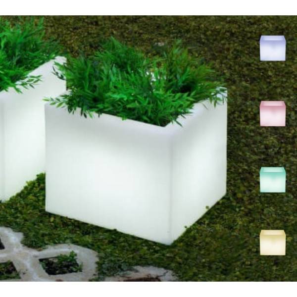 Pot lumineux extérieur carré solaire ou batterie NARCISO 40 blanc LED RGBW 9L IP65 sans fil