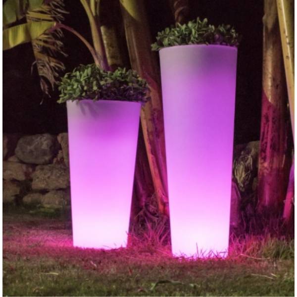 Pot de fleur lumineux exterieur solaire ou rechargeable cylindre haut blanc FICUS 60 LED RGBW 9L IP65 sans fil