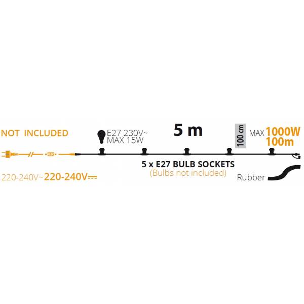Guirlande guinguette extérieure câble blanc 5M 5 douilles prolongeable