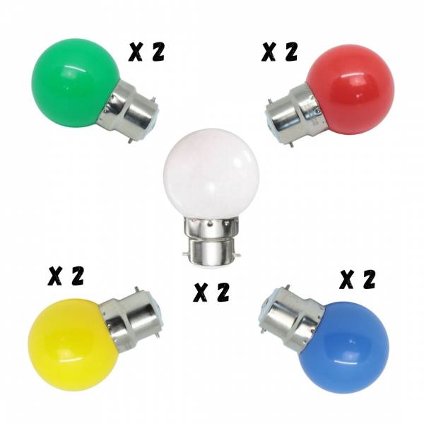 Lot de 10 Ampoules Guinguette B22 1W Multicolores et blanc chaud LED à baïonnettes plastique professionnelle