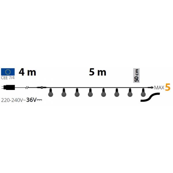 Guirlande guinguette extérieure basse tension 5M 10 LED E27 A60 filament Blanc chaud 36V prolongeable Lotti