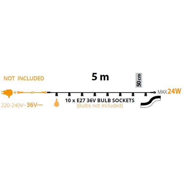 Guirlande guinguette 5M 10 douilles connectable 36V câble blanc IP44