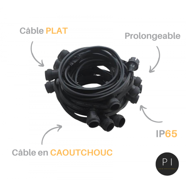 Guirlande guinguette IP65 20M 40 douilles raccordable câble plat noir