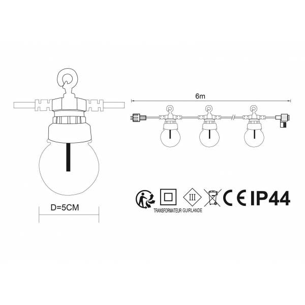 Extension guirlande guinguette 6M 10 globes transparents LED filament blanc chaud 24V extérieure Elume