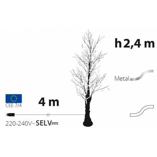 Arbre lumineux blanc 2,4m scintillant LED blanc chaud tronc réaliste