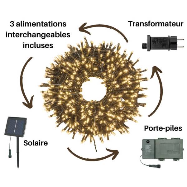 Guirlande lumineuse 3 Alimentations interchangeables incluses 50M 1000 LED blanc chaud IP44