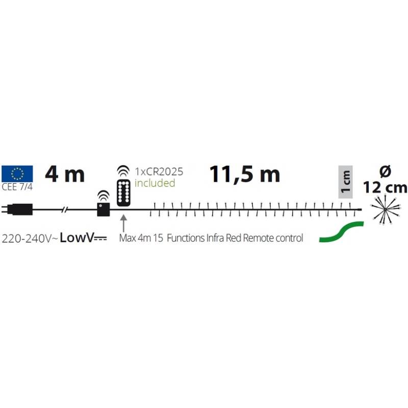 Guirlande Boa 11.5M LED blanc chaud câble vert 8 programmes