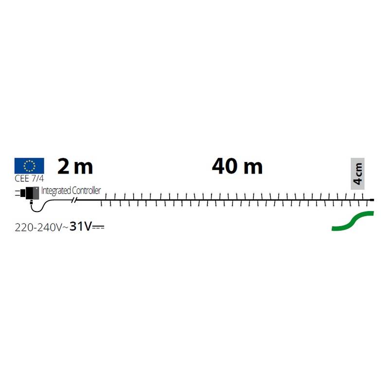 Guirlande 40M LED blanc chaud 8 modes mémoire câble vert extérieur