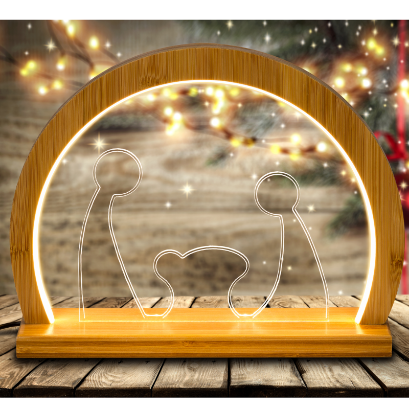 Crèche lumineuse en bois néon LED blanc chaud 26cm intérieur