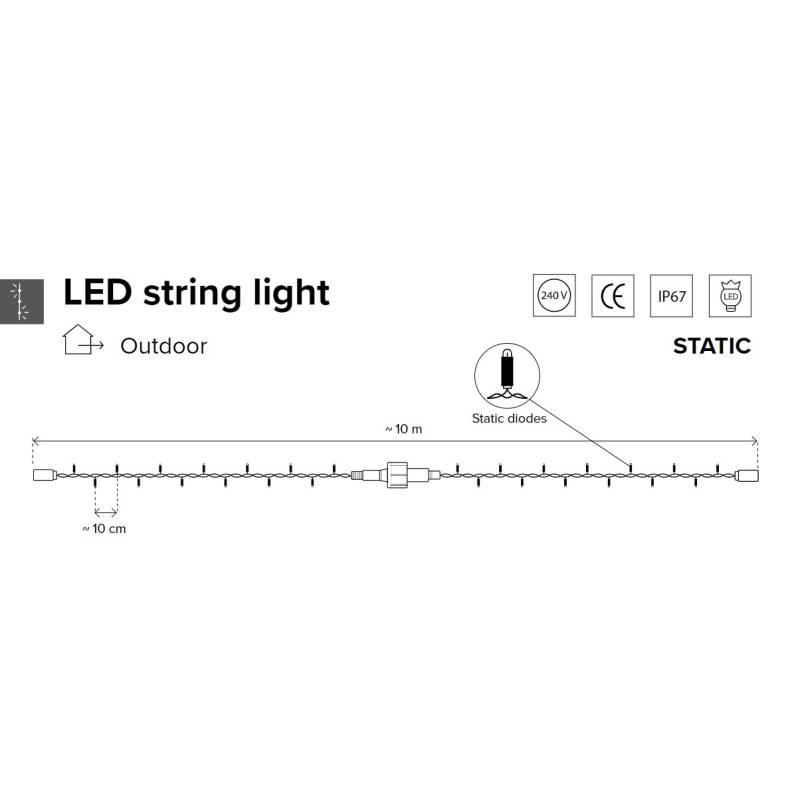 Guirlande extérieur IP67 10 mètres 100 led blanc chaud câble blanc IPB