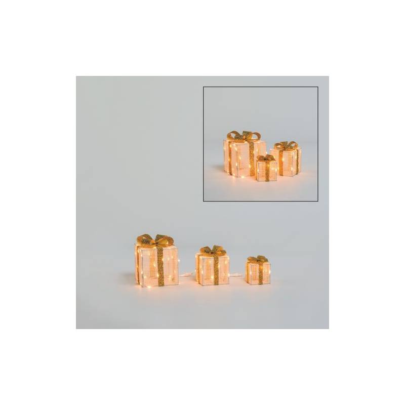 Lot de 3 Paquets Cadeaux 3D lumineux H25/20/15cm LED ambré fil tressé