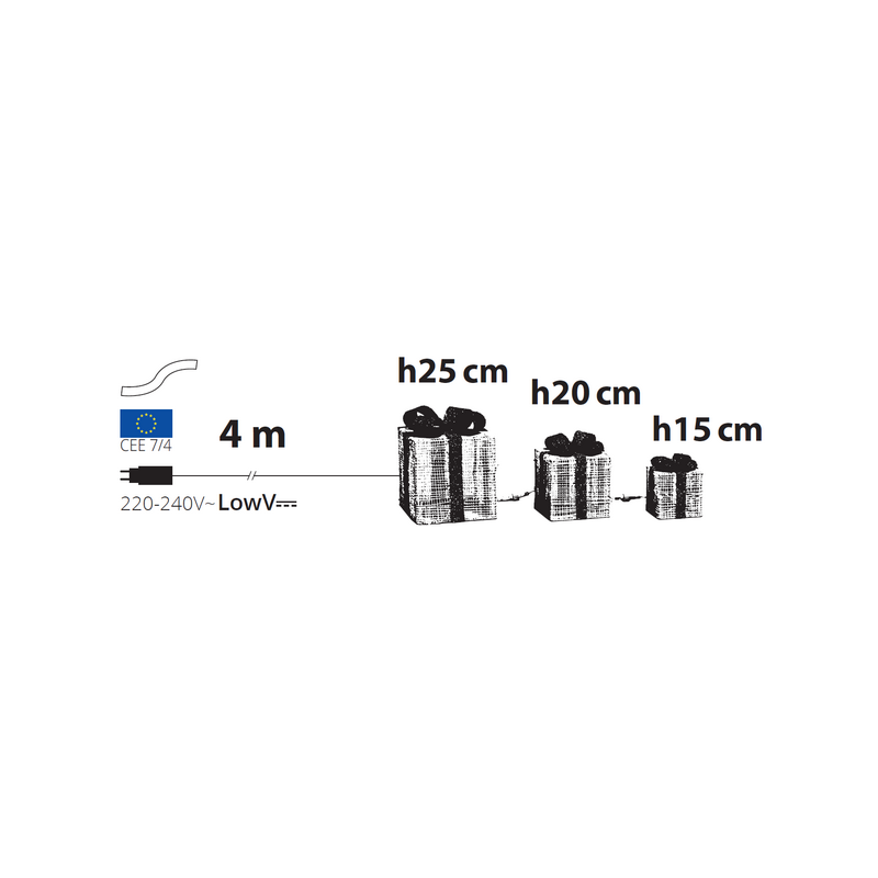 Lot de 3 Paquets Cadeaux 3D lumineux H25/20/15cm LED ambré fil tressé