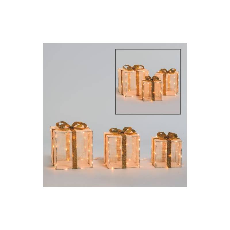 Lot de 3 Paquets Cadeaux 3D lumineux H40 35 30cm LED ambré fil tressé