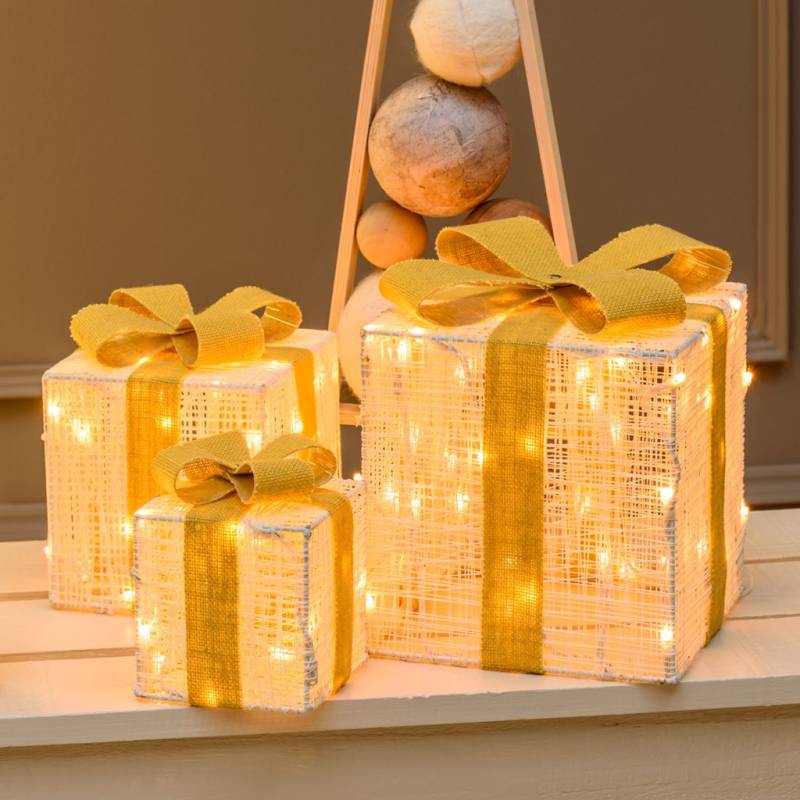 Lot de 3 Paquets Cadeaux 3D lumineux H25/20/15cm LED ambré fil tressé