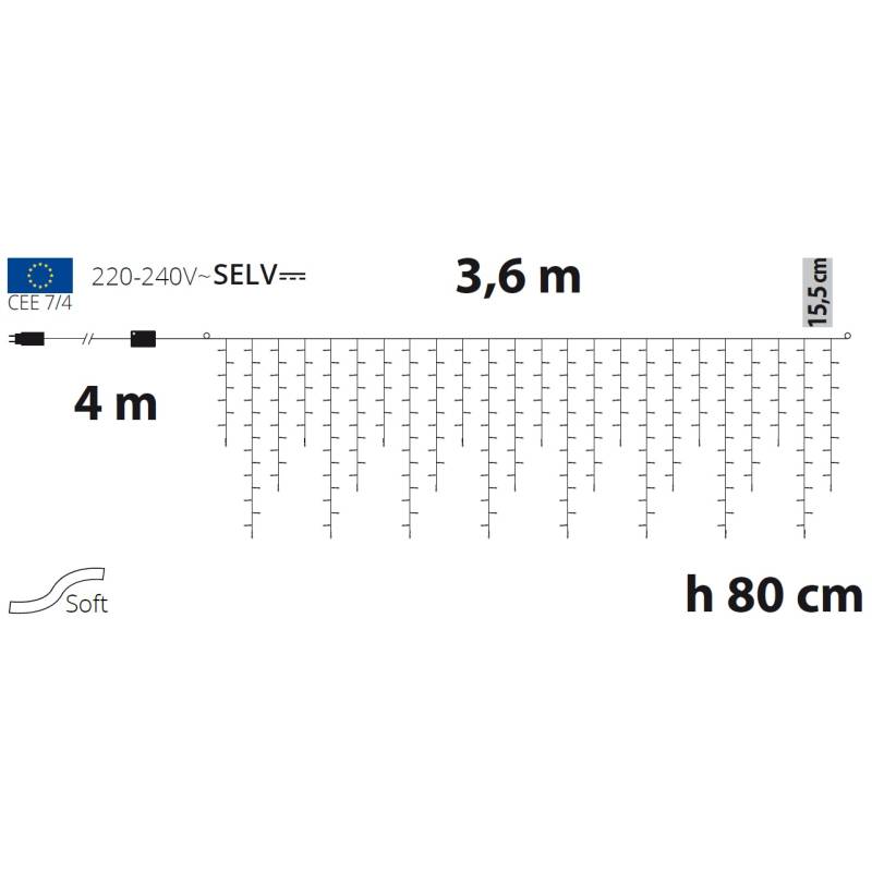 Guirlande stalactites chute de neige 3,6m H80cm 288 LED blanc chaud