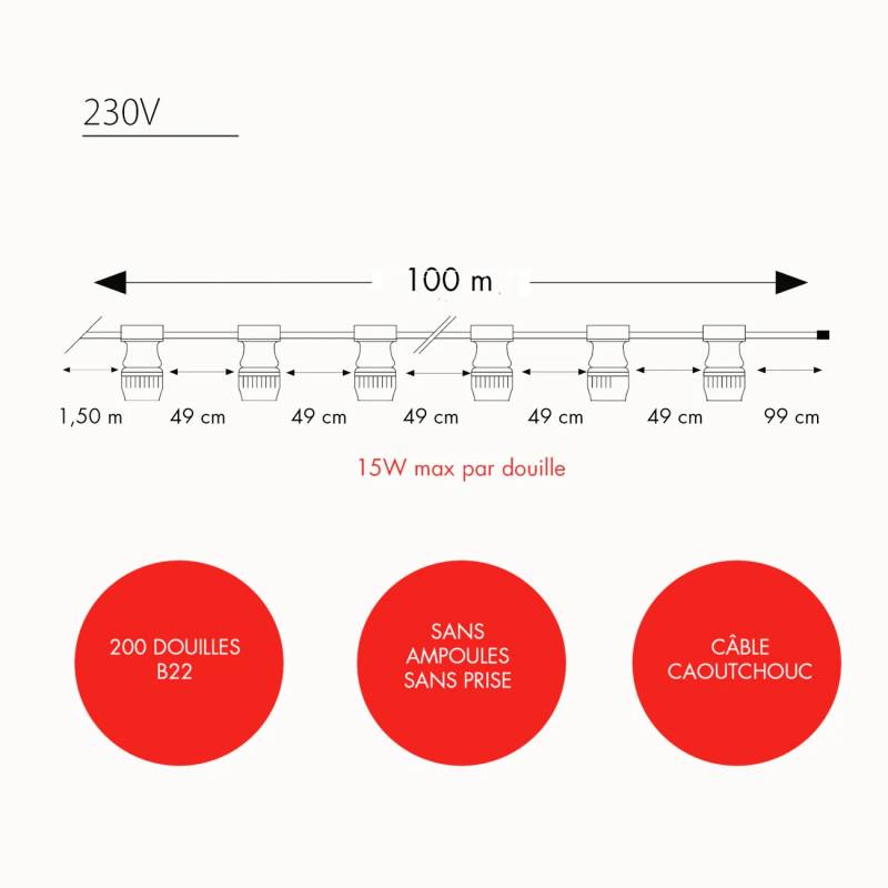 Guirlande Guinguette Leblanc 100M 200 douilles B22 câble noir plat IP44