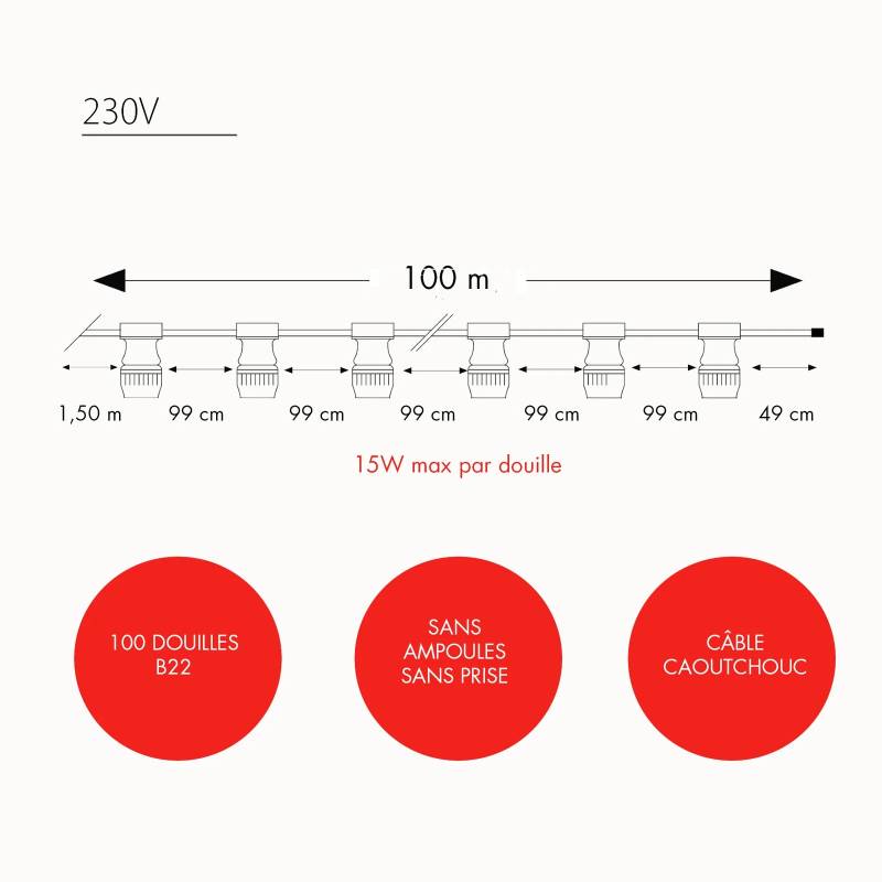 Leblanc Guirlande Guinguette 100M 100 douilles B22 câble plat IP44