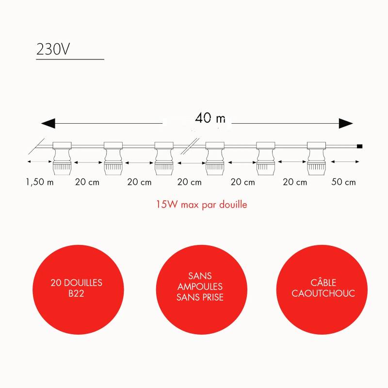 Guirlande Guinguette Leblanc 40M 20 douilles B22 câble noir plat IP44