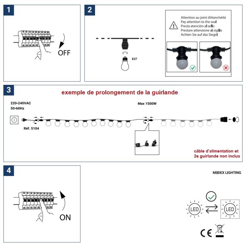 Guirlande guinguette extérieure 10m 10 douilles E27 prolongeable IP44