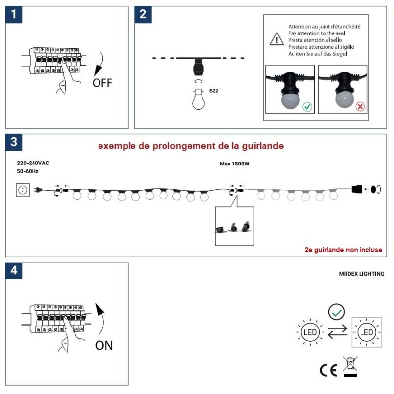 Guirlande B22 multicolore 10m 20 ampoules led prolongeable extérieur