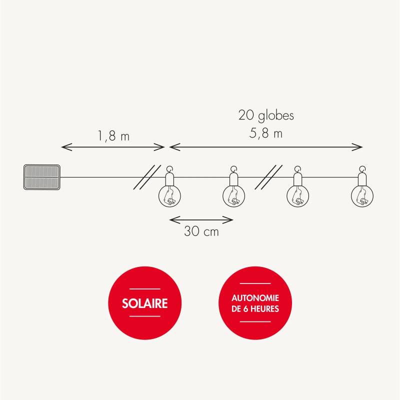 Guirlande lumineuse solaire BOOGIE 5.8M 20 globes microLED blanc chaud