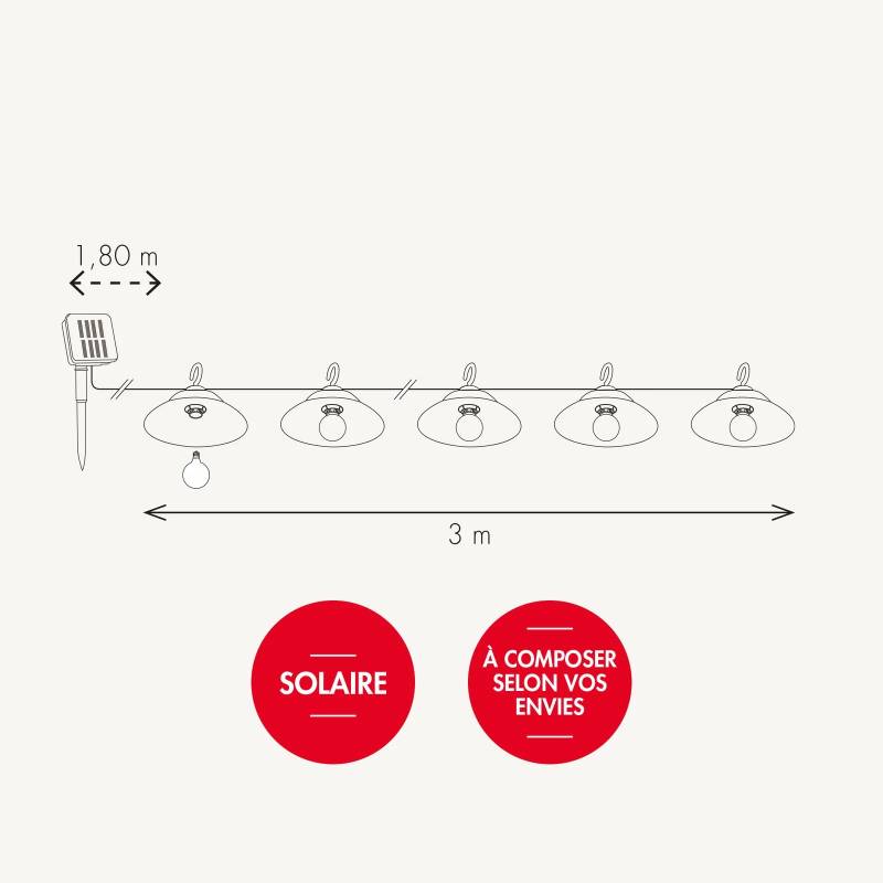 Guirlande solaire à composer Chromex 3m 8 globes LED Blanc Chaud