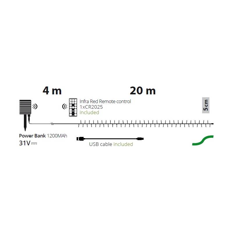 Guirlande lumineuse solaire 20M 400 LED blanc chaud câble vert