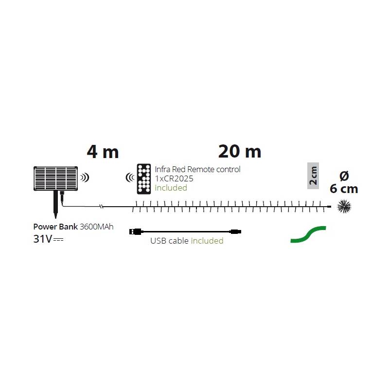 Guirlande lumineuse solaire BOA 6cm vert 20M 1000 LED blanc chaud