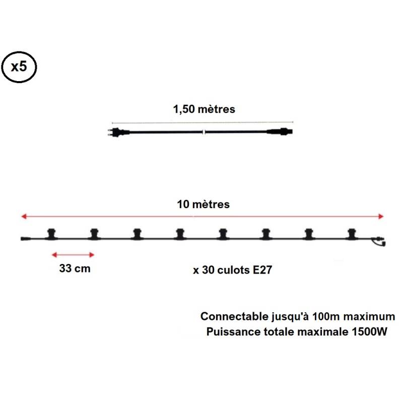 Guirlande guinguette connectable 50M 150 douilles IP65 câble caoutchouc