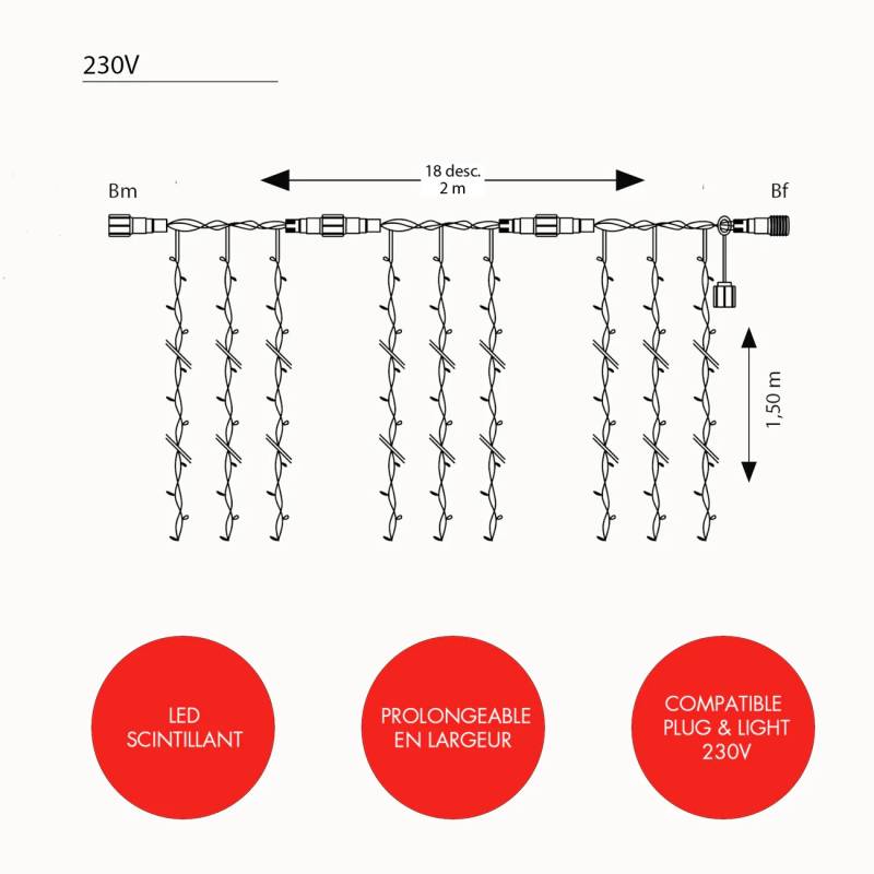 Rideau lumineux scintillant IP67 Optima 360 led rouge et blanc froid H1,5m x 2m 360 led 230V câble blanc