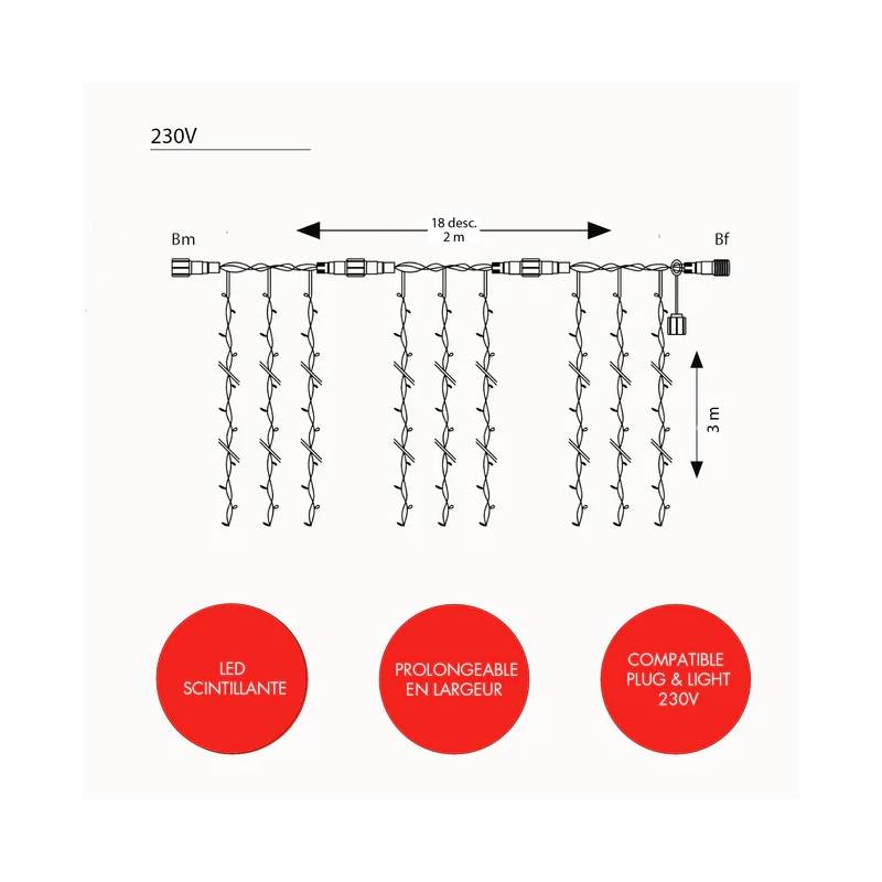 Rideau lumineux IP67 Optima h3M x 2M 540 led rouge scintillant 230V câble blanc