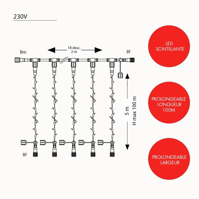 Rideau lumineux IP67 Optima 5X2M 900 led rouge scintillante 230V professionnel