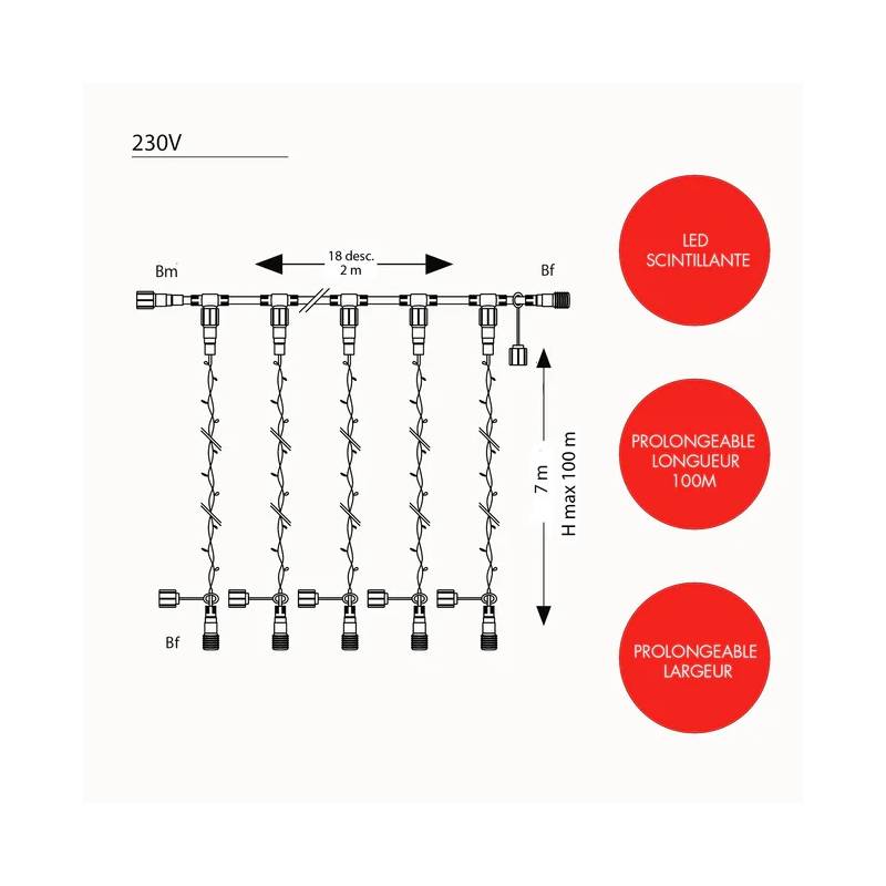 Rideau lumineux IP67 Optima 7X2M 1260 led rouge scintillant 230V professionnel