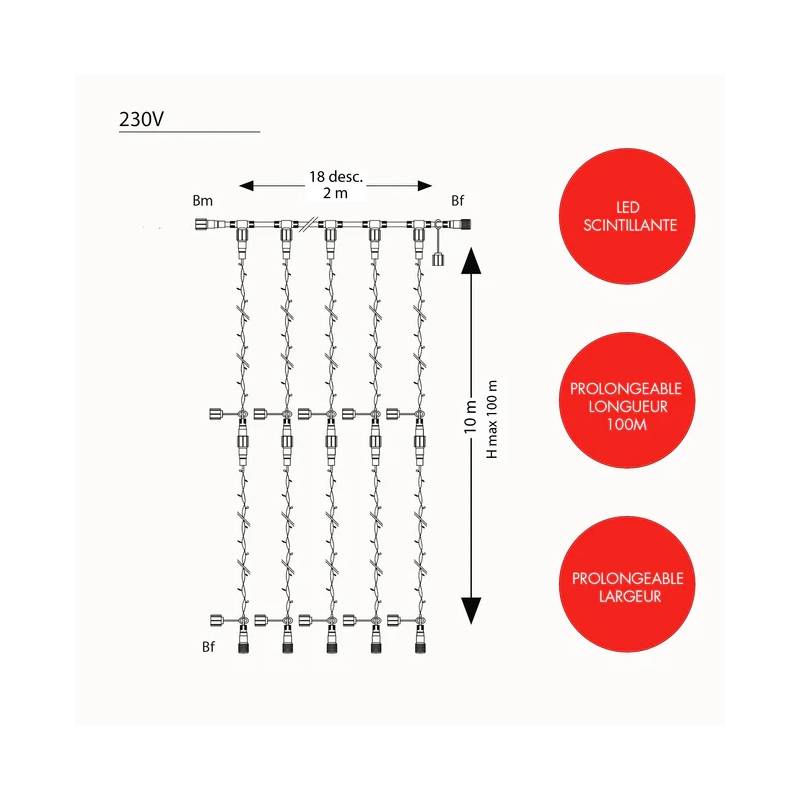 Rideau lumineux rouge scintillant IP67 Optima 1800 LED 10M x 2M 230V professionnel prolongeable