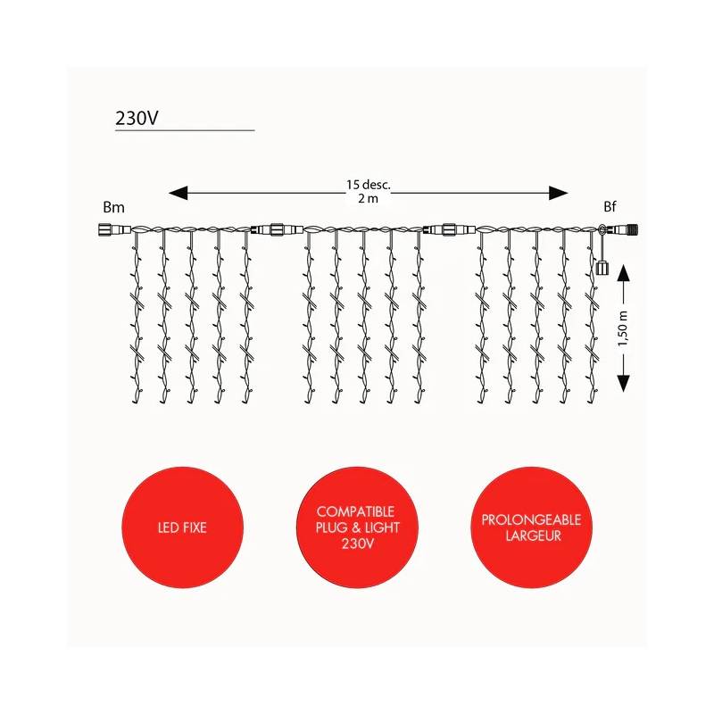 Rideau lumineux IP67 Optima H150CM par 2M 150 led blanc froid fixe 230V professionnel prolongeable