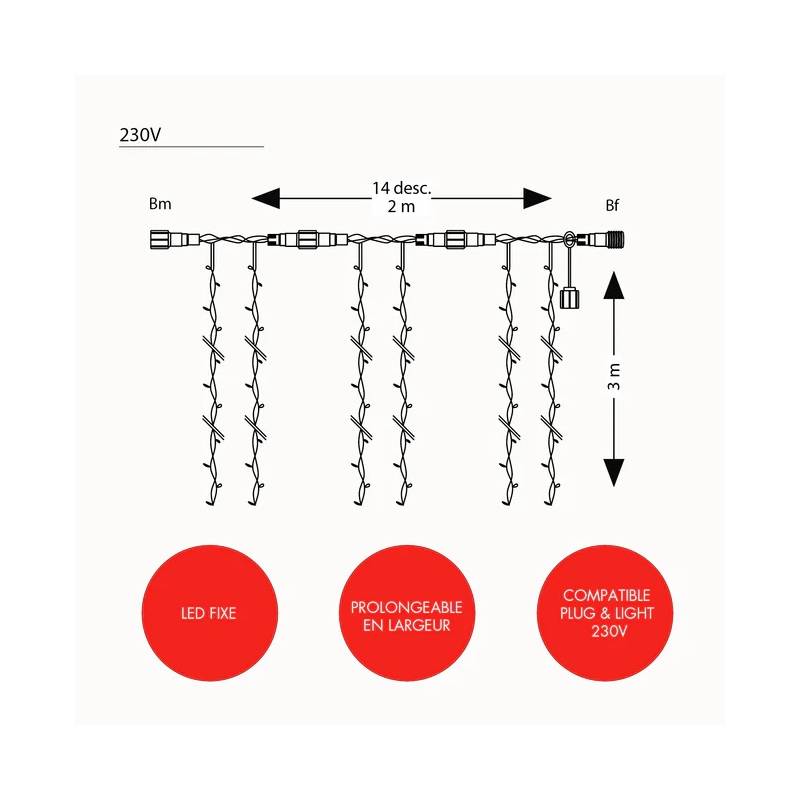 Rideau lumineux IP67 Optima h3M x 2M 280 led rouge fixe 230V professionnel