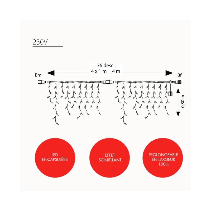 Frise lumineuse IP67 Optima 200 LED rouge et blanc froid scintillant h80cm x 4M 230V prolongeable câble blanc professionnel