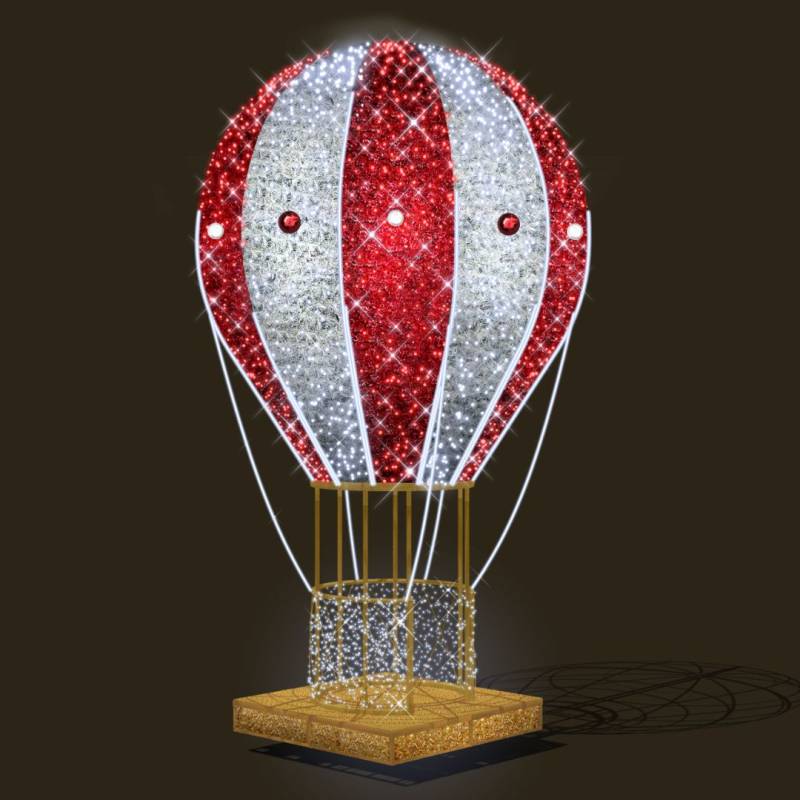 Décor monumental montgolfière lumineuse 3D H6m 6472 LED rouge et blanc froid 24V professionnel extérieur