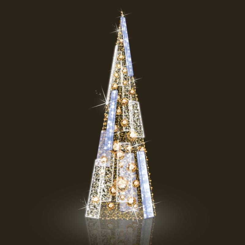 Décor monumental sapin conique 3D H10m lumineux et scintillant extérieur 14804 LED blanc chaud et blanc froid 24V professionnel