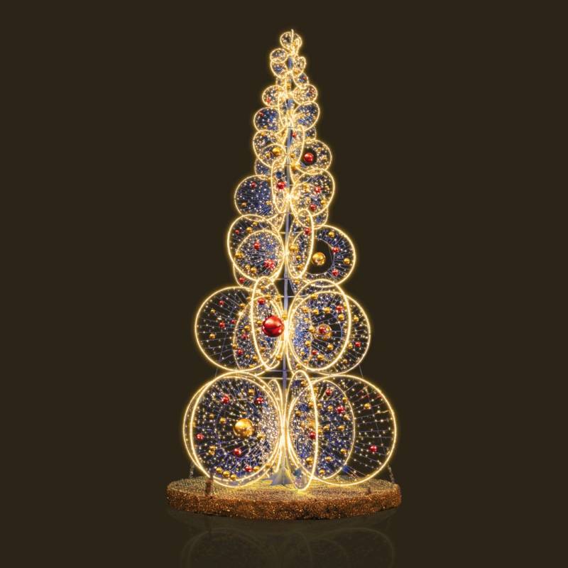 Décor sapin monumental 3D H9m lumineux et scintillant avec boules professionnel 15952 LED blanc chaud blanc froid 24V extérieur