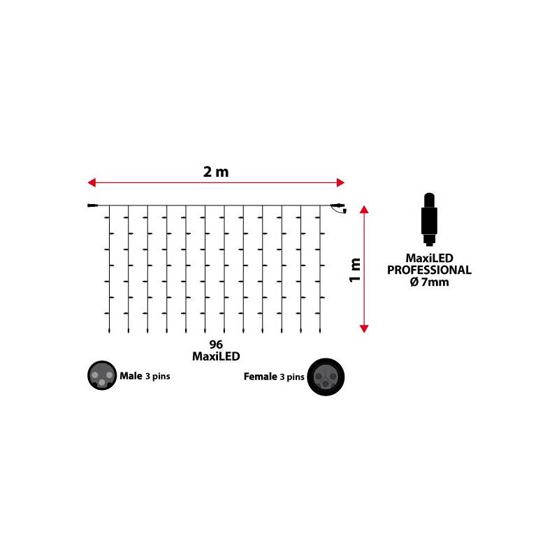 Rideau lumineux H1m x L2m 96 MaxiLED blanc chaud prolongeable 24V professionnel extérieur