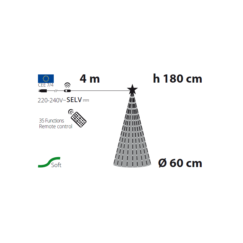 Sapin lumineux conique animé H180cm 304 PixelLED blanc chaud et froid haute luminosité avec télécommande