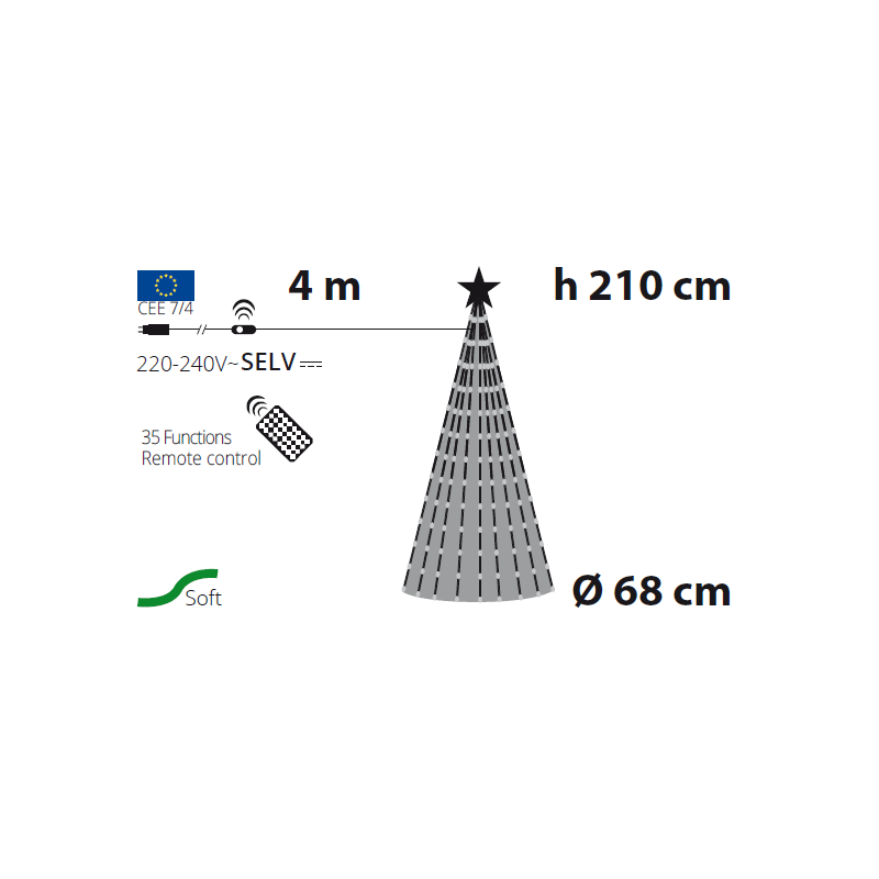 Sapin lumineux conique animé H210cm 380 PixelLED blanc chaud et froid haute luminosité avec télécommande