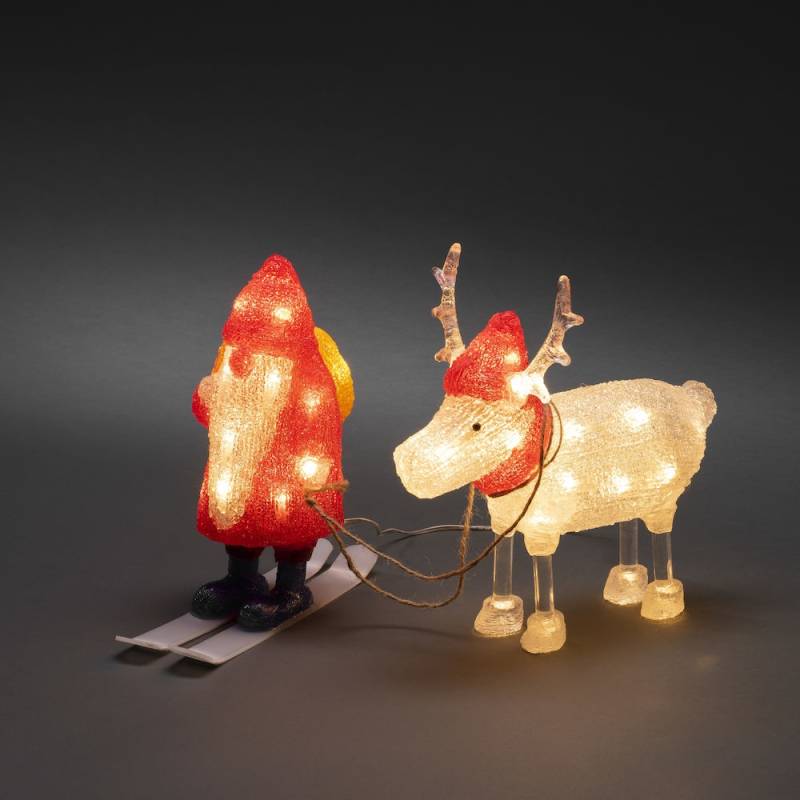 Père Noël lumineux 3D en ski et son Renne acrylique 40 LED blanc chaud 24V