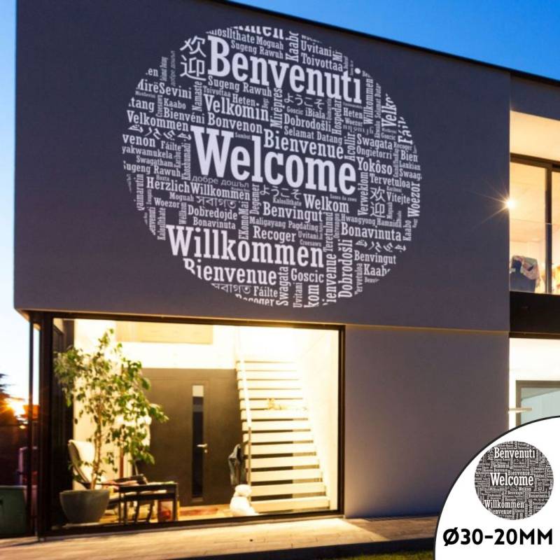 Gobo Ø30-20mm Bienvenue multilingue Nuage de mots Blanc et Noir compatible uniquement avec Projecteurs LED Professionnels