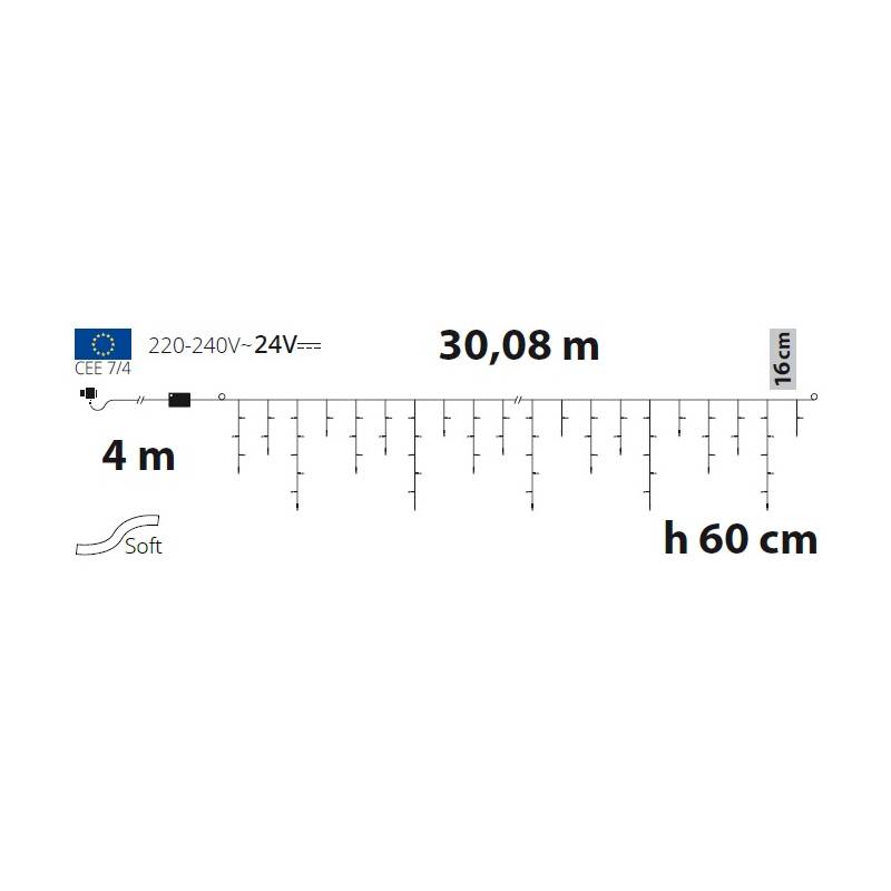 Guirlande stalactite 30M H 60CM 720 LED blanc chaud 8 programmes câble blanc