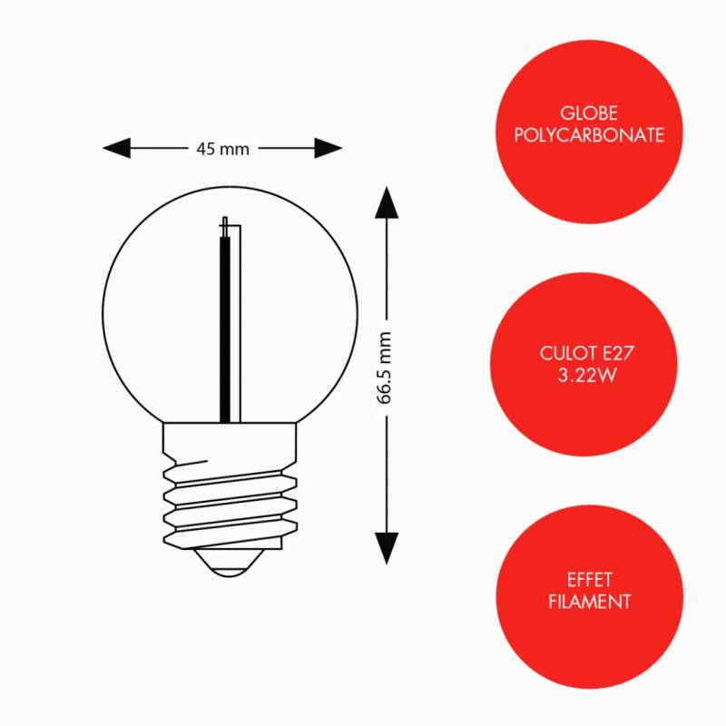 Lot de 20 Ampoules Guinguette plastique transparent Filament LED 3W E27 blanc chaud professionnelle LEBLANC